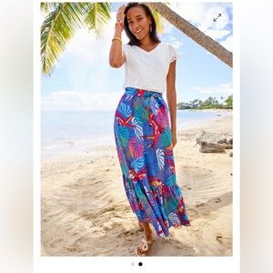 Talbots Tropical Parrot Novelty Print Midi Skirt Blue Cotton Size Small Petite